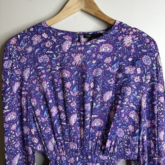 Maje Floral Mini Dress Size 38 UK 10 $445 Purple Georgette Smocked Cut Out Boho - Picture 8 of 16